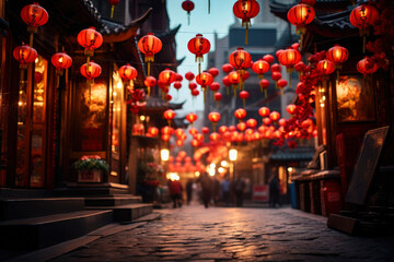 Chinese new year lanterns. Traditional street decorated for Christmas. - obrazy, fototapety, plakaty