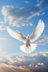 Fototapeta premium White dove ascends against peaceful sky symbolizing divine heavenly messages 