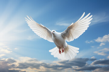 White dove ascends against peaceful sky symbolizing divine heavenly messages 