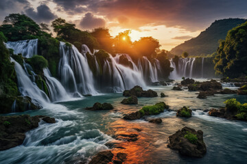 Waterfalls cascade majestically under vibrant rainbows epitomizing earthly paradise 