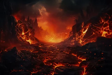 Fototapeten Surreal fiery lava flows in barren landscapes background with empty space for text  © fotogurmespb