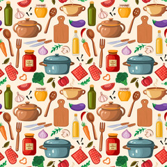 Kitchenware and utensils, vector seamless pattern, illustration in cartoon style.