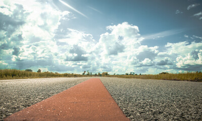 A two-lane rural highway with rice fields on both sides.