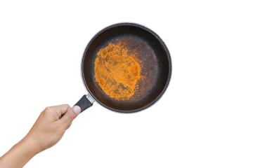 A man holds a round rusty iron pan isolated on a white background. Do not use an old rusty pan. Because it can cause health problems PNG