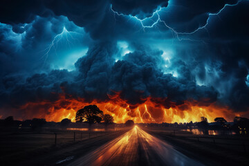 Hellish skies ablaze streaked with fierce lightning amidst stormy turmoil 