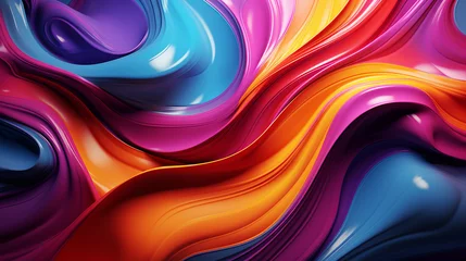 Fotobehang  Rainbow colors realistic liquid glossy plastic dynamic fluid abstract background. Multicolored shiny melted plastic wavy texture. Digital 3D illustration © Hasanka