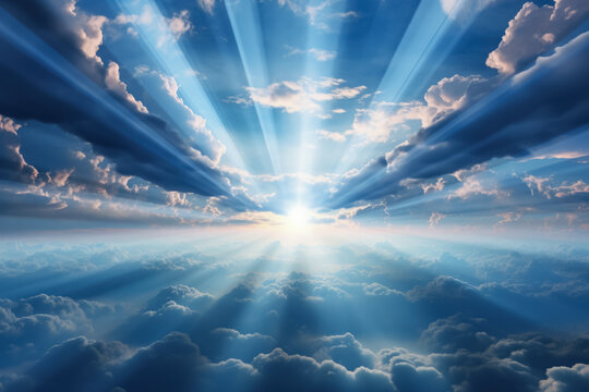 Divine rays pierce through cloudy veil revealing serene heavenly panorama 