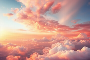 Fototapeta premium Angelic cloud formations at sunset background with empty space for text 