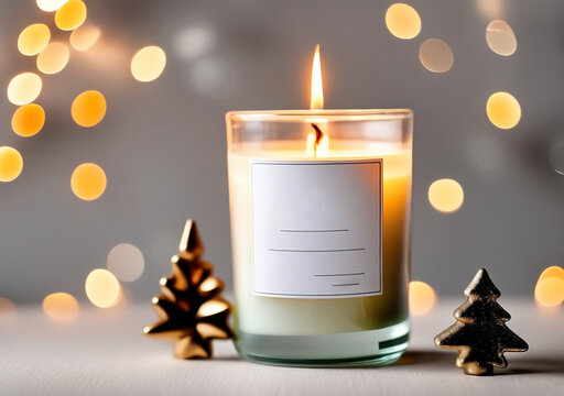 Christmas themed candle mockup with blurred background. High quality photo.