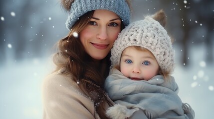 Happy family enjoying snowy weather outdoor, mom with little son hugging during walk in winter park