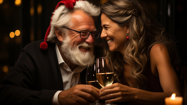A joyful photo of a mature couple toasting with glasses of champagne at a lively New Year's Eve celebration