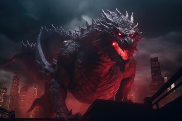 Obraz premium Fantasy dragon in the city at night. Created with Generative AI tools