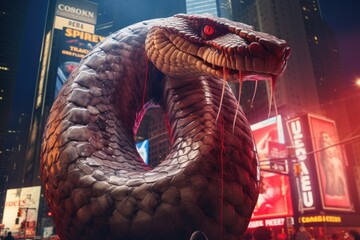 Close-up of a snake in the night city. Created with Generative AI tools