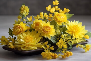 - decorative composition of spring yellow flowers, 12 generative ai