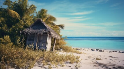 Abandoned wooden beach hut that fell into ruin, overgrown hermit hideaway on a sandy ocean shore, stunning wide panoramic sea view, warm tropical summer tiny home.