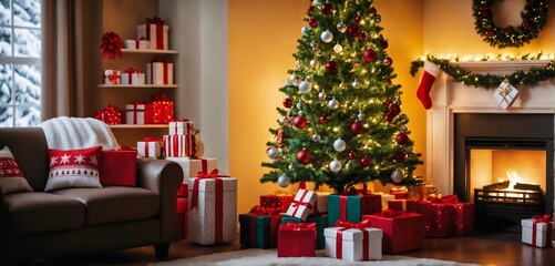 Christmas tree with gifts and decorations in a cozy room with fireplace in christmas night