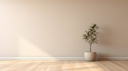 Blossom branch in clay vase near beige stucco wall background. Interior design of modern living room with space for text