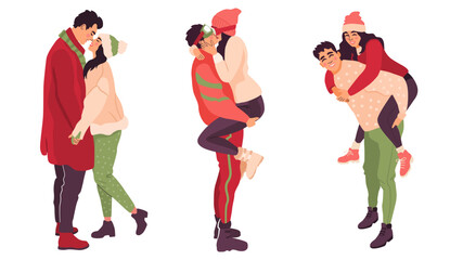 Romantic winter couples hugging affectionately. Christmas time romantic activities. A set of vector illustration isolated on a white background.