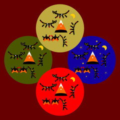 Set of mystical elements. World of spirits. Cat totem. Mystical signs: moon, eyes, cat, mountain, stars.  