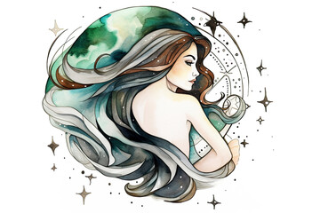 The zodiac sign of Virgo. Watercolor woman portrait