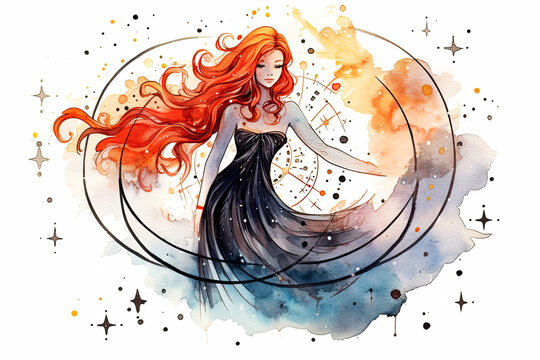 The zodiac sign of Virgo. Watercolor woman portrait