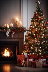 Christmas tree and gift boxes near the cozy fireplace in the traditional living interior