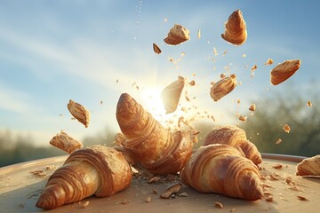 Croissants flying in the air. Created with Generative AI tools