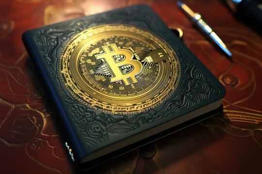 Golden bitcoin on a book with a fountain pen on a red background. Created with Generative AI tools