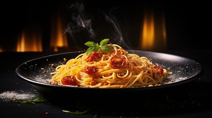 Classic Italian spaghetti with mesan cheese on a plate with tomato sauce.