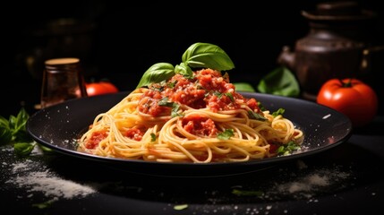 Classic Italian spaghetti with mesan cheese on a plate with tomato sauce.