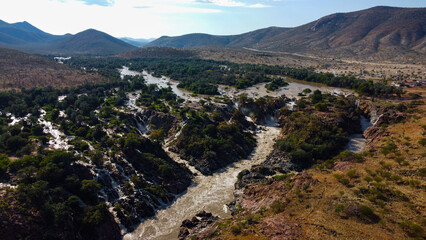 Waterfall and river from above, Epupa falls, Namibia