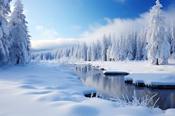 Obraz premium Winter landscape with snowy woodland and the river on a sunny day