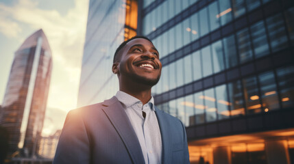 Happy wealthy rich successful black businessman standing in big city modern skyscrapers street on sunset thinking of successful vision, dreaming of new investment opportunities.