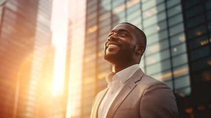Happy wealthy rich successful black businessman standing in big city modern skyscrapers street on sunset thinking of successful vision, dreaming of new investment opportunities. - 658941997