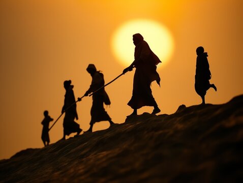 Group of poor refugees in a sunset light. People walking from war or powerty