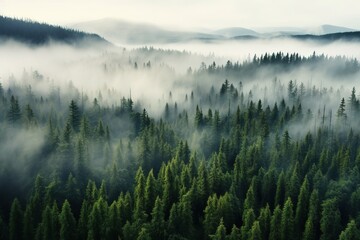 Aerial view of a misty forest on a foggy day. - obrazy, fototapety, plakaty