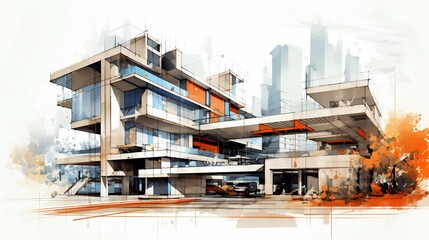 Fototapeta premium Blueprints of Tomorrow: Modern Architecture Sketch Isolated on White Background. Generative ai