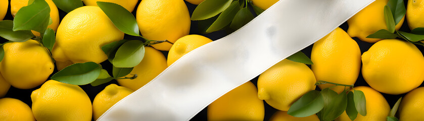 un arrière-plan rempli de citrons jaunes avec un rubans blanc qui traverse l'image en diagonale - bannière web