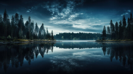 autumn landscape with lake and trees, reflection of trees in water