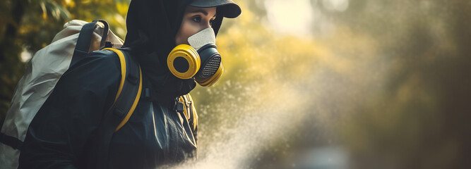 environmental activist in face mask take part in campaign in a polluted urban area.