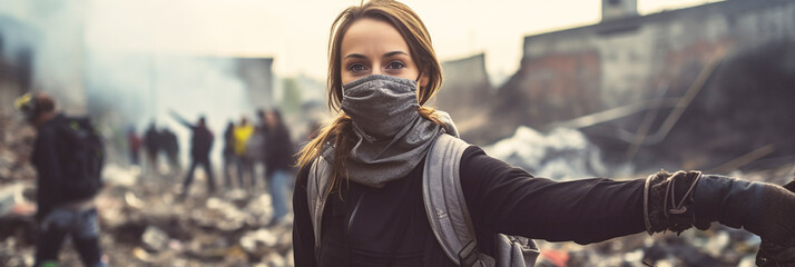 environmental activist in face mask take part in demonstration against deforestation forest.
