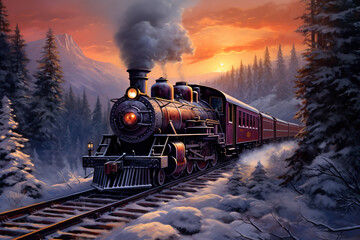 Digital painting of a steam locomotive in the winter - obrazy, fototapety, plakaty