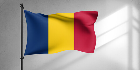 Chad national flag cloth fabric waving on beautiful sky Background.