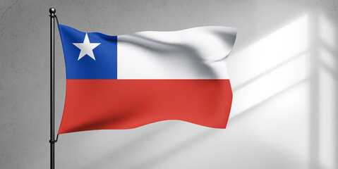 Chile national flag cloth fabric waving on beautiful sky Background.