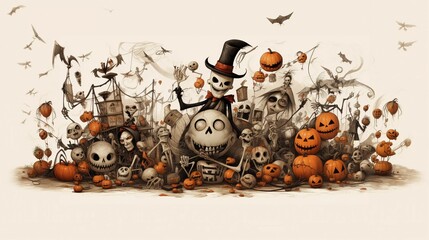 Gruseliges Halloween Stillleben mit Kürbissen Totenköpfen Skelett Knochen und Fledermäusen.