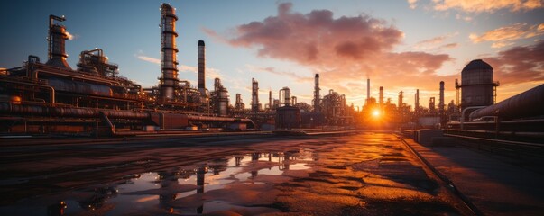 Obraz premium Oil refinery plant at dusk, view of oil and gas petrochemical industrial, Refinery factory oil storage tank and pipeline steel during sunset