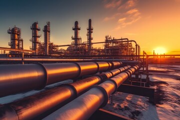Oil refinery plant at dusk, view of oil and gas petrochemical industrial, Refinery factory oil storage tank and pipeline steel during sunset