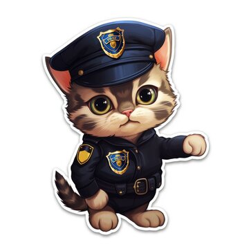 A sticker of a cat dressed as a police officer. Digital art.