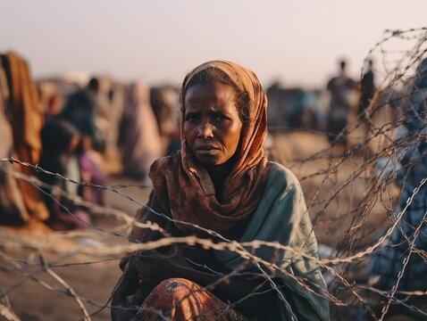 Portrait of poor woman refugee in a sunset light. People walking from war or powerty