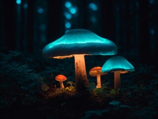 Luminous backlit glowing forest mushroom neon lights